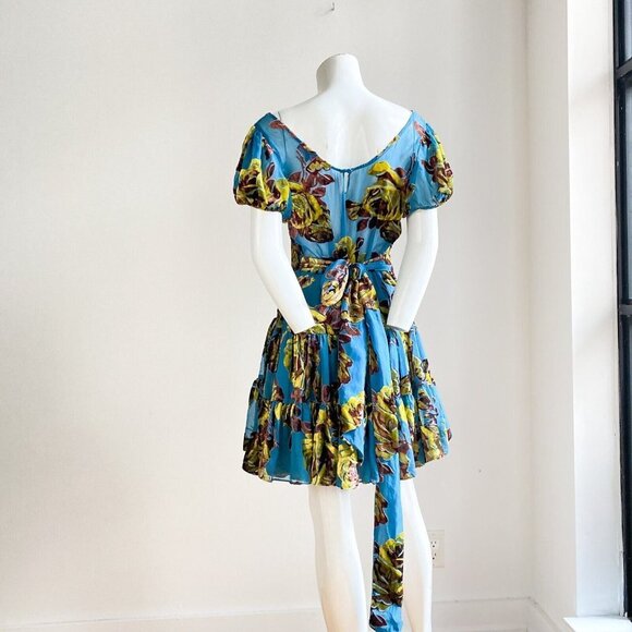 Vintage 00's USA Made Velvet Burnout Floral Ruffle skirt Mini Dress 6 - Picture 8 of 9